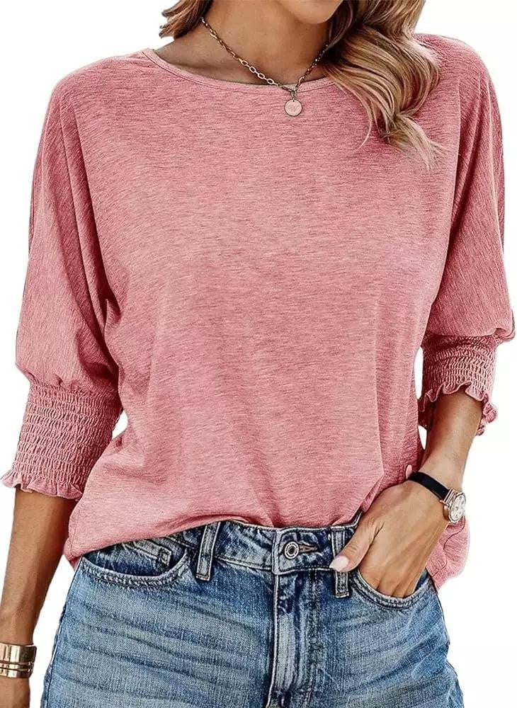 Damen lässiges T-Shirt mit voluminösen Puffärmeln und elastischem Bund Drune