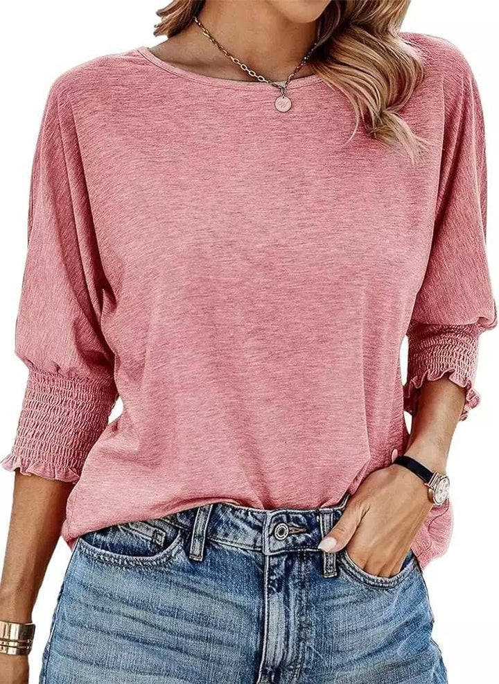 Damen lässiges T-Shirt mit voluminösen Puffärmeln und elastischem Bund Drune