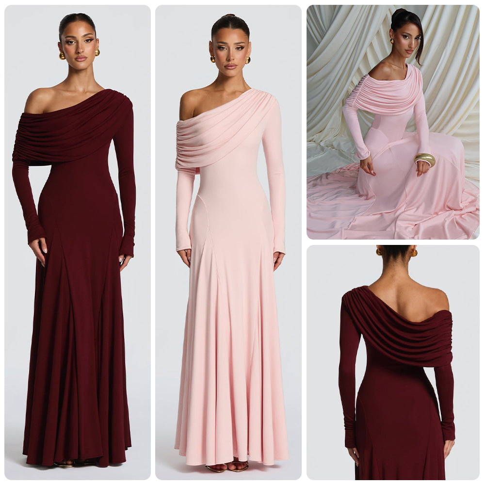 Damen Elegantes Langarm-Maxikleid mit asymmetrischem Drapierungsdetail Drune