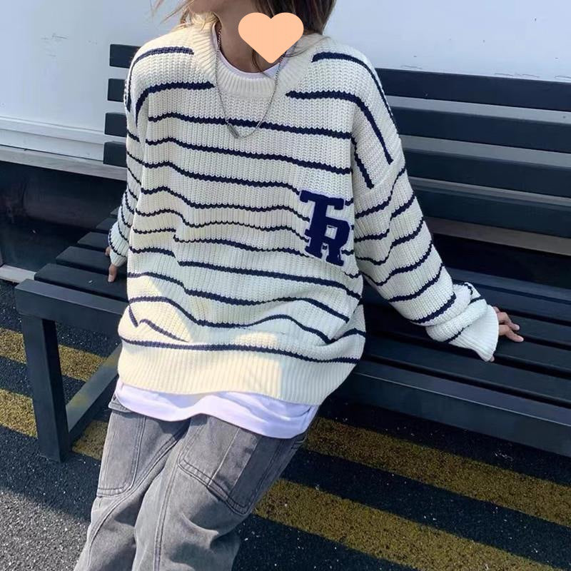 Damen lässiger Oversized-Pullover mit gebrochenen Streifen und Brusttasche Drune