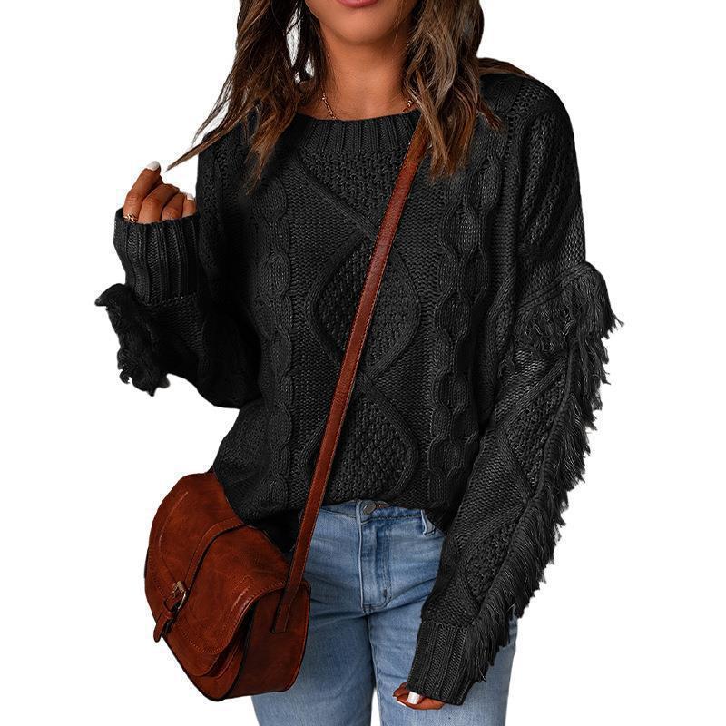 Damen Grobstrick-Pullover mit Zopfstruktur, fransigen Ärmeln und legerer Oversize-Passform Drune