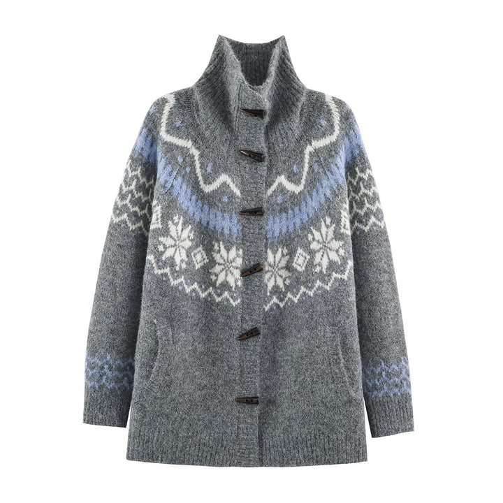 Damen Norweger-Strickjacke mit Stehkragen und Holzknopfverschlüssen Drune