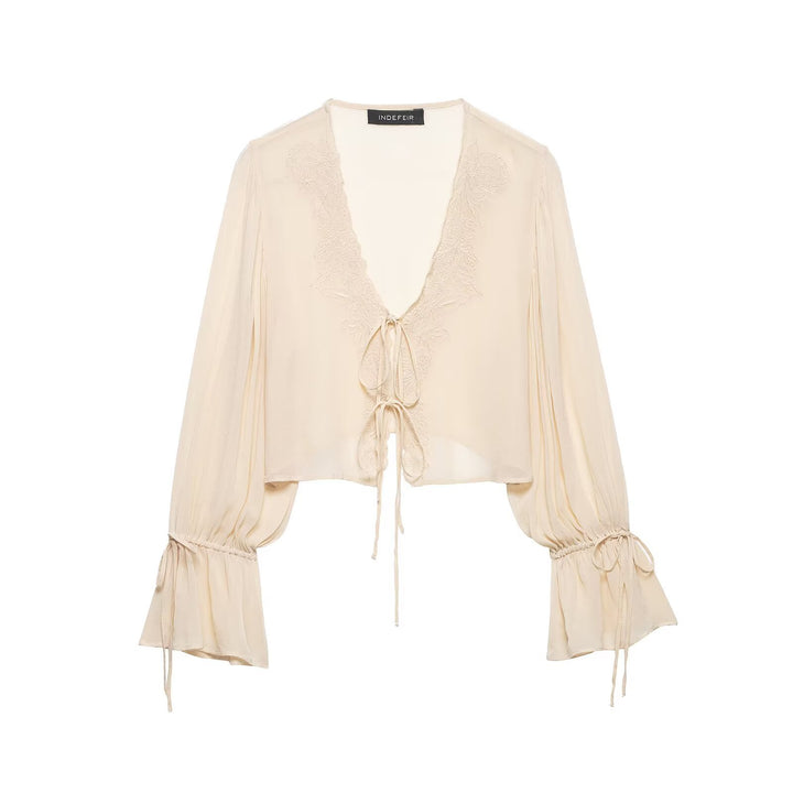 Damen Transparente Chiffon-Bolerobluse mit tiefem V-Ausschnitt, Spitzendetail und Bindebändern Drune