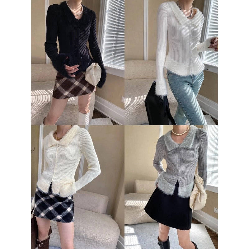 Damen gestrickte Cardigan mit seitlichen Taschen und weichem Kragen Drune