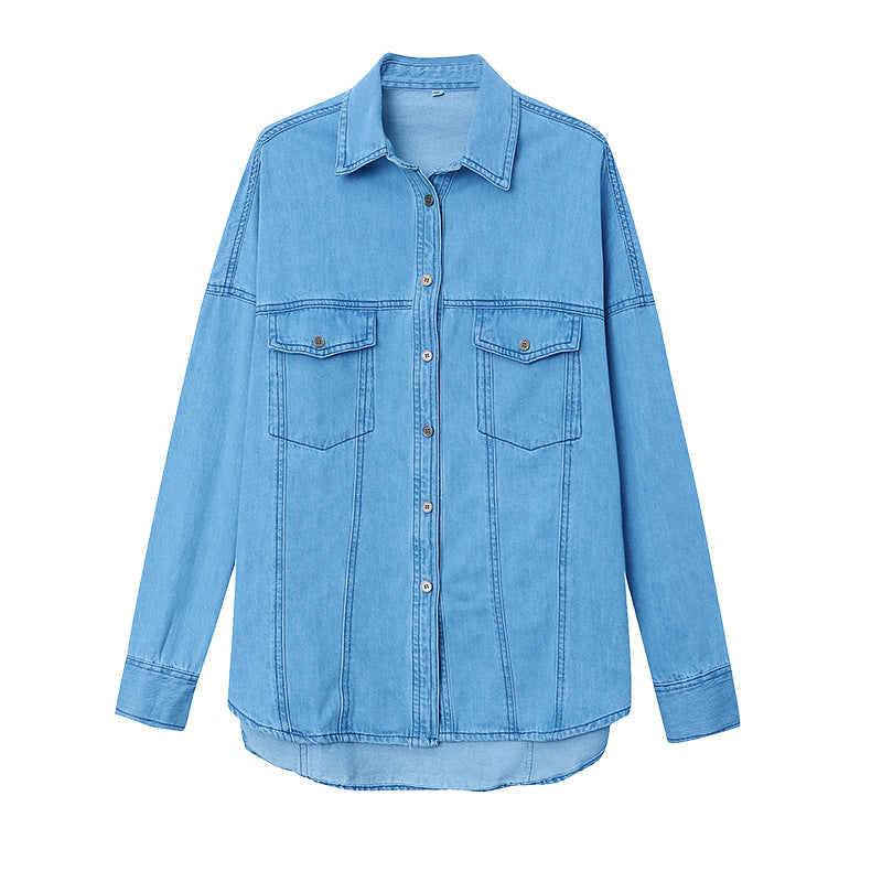 Damen lässige Denim-Hemdjacke mit dekorativen Knopfdetails und zwei Brusttaschen Drune