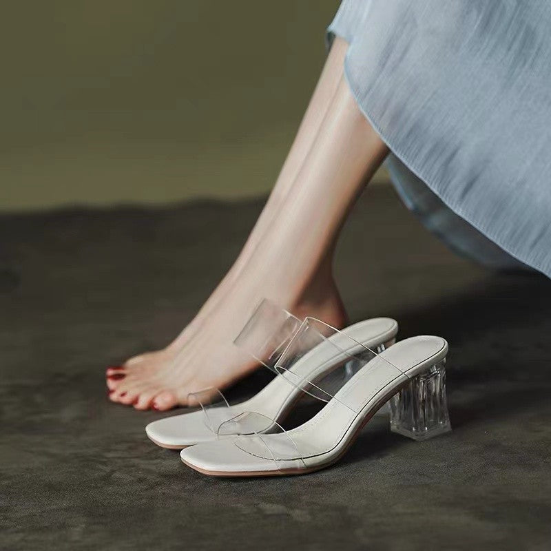 Damen Minimalistische Doppelriemen Mules mit transparentem Obermaterial und geometrischem Blockabsatz Drune