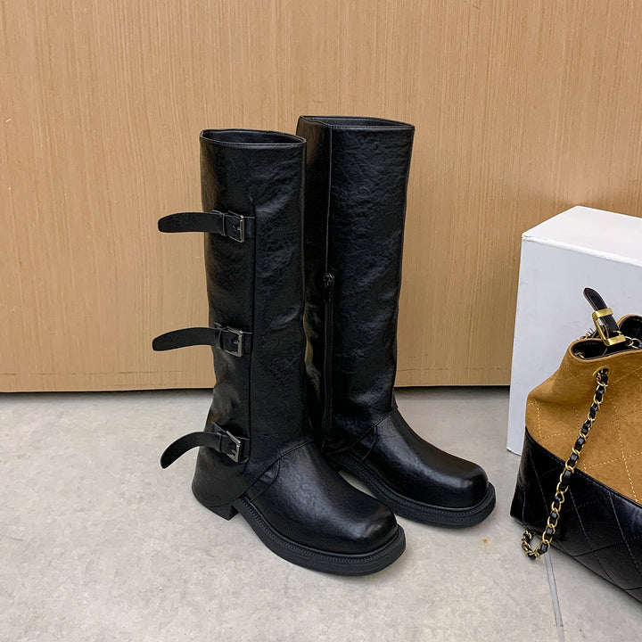 Damen Wadenhohe Stiefel mit dreifacher Gürtelschnalle und profilierter Plateausohle Drune