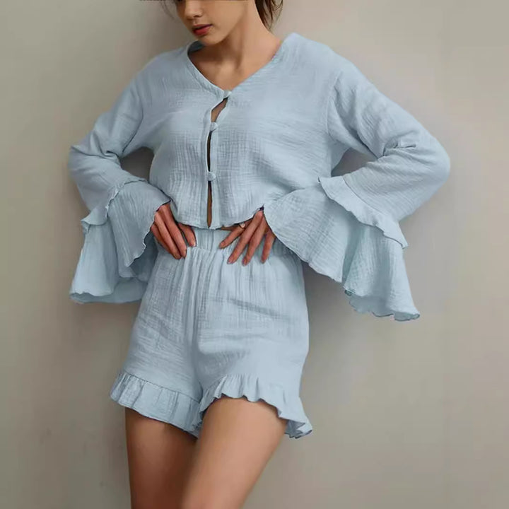 Damen Zweiteiliges Crinkle-Lounge-Set mit Volant-Shorts und gestuften Trompetenärmeln Drune