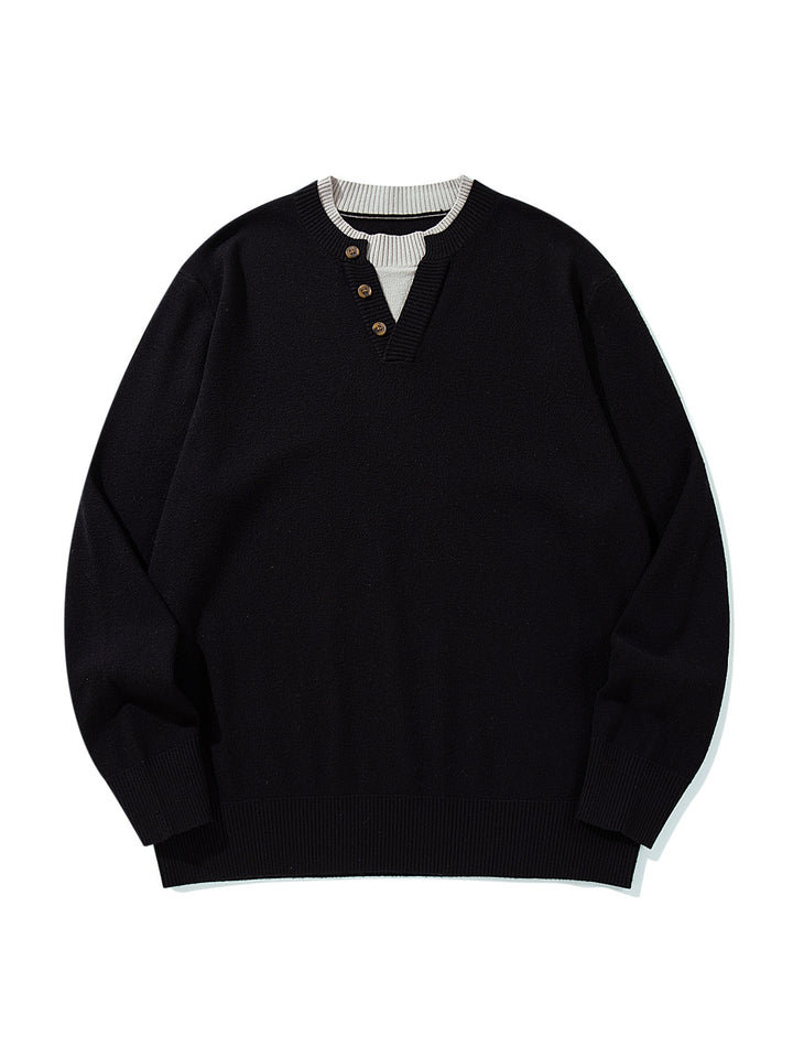 Unisex Gerippter Baumwollmix-Pullover mit Henley-Knopfleiste und Relaxed-Schnitt Drune
