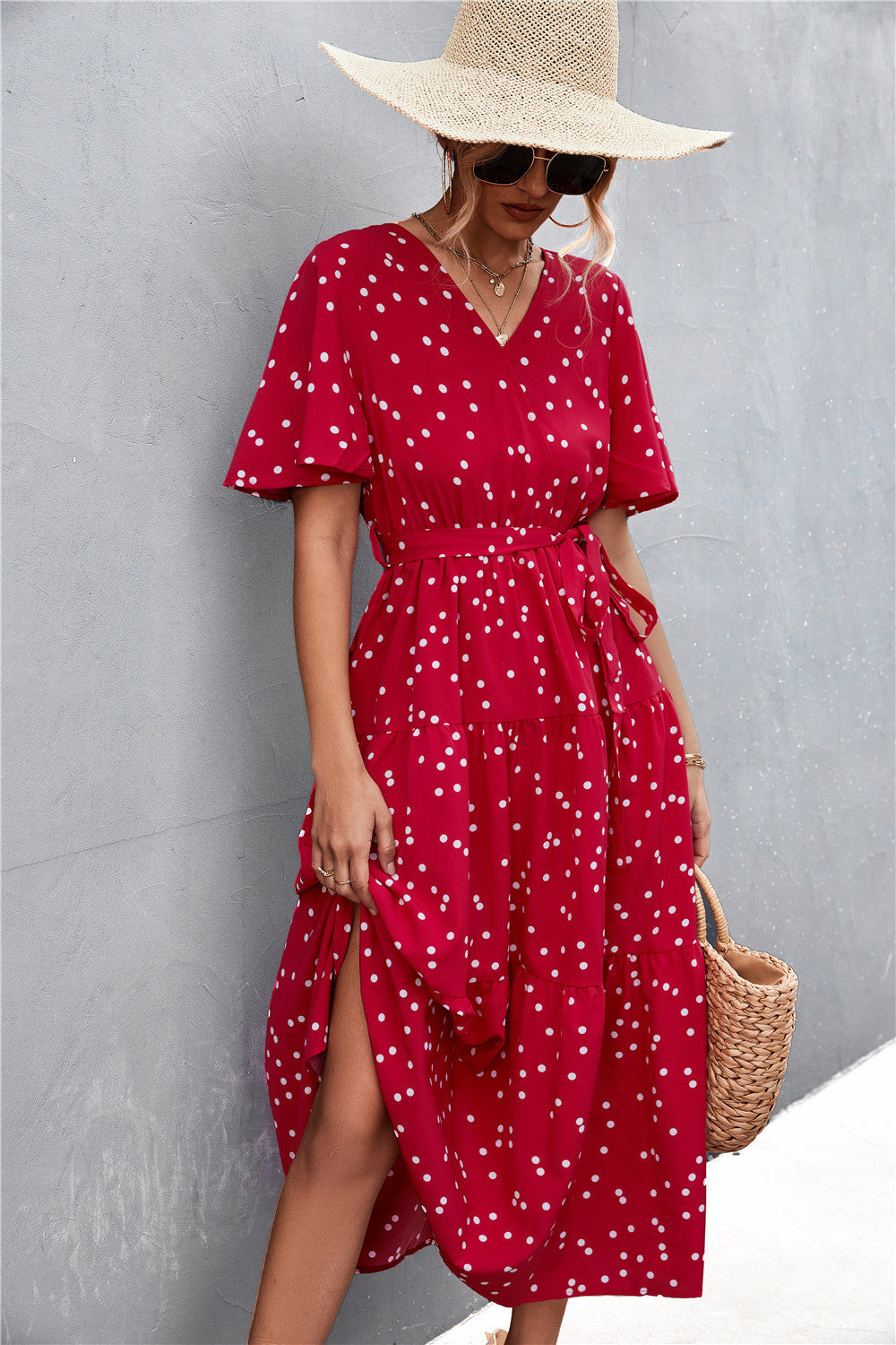 Damen Midikleid mit floralem Design und bindbarem Taillenband Drune