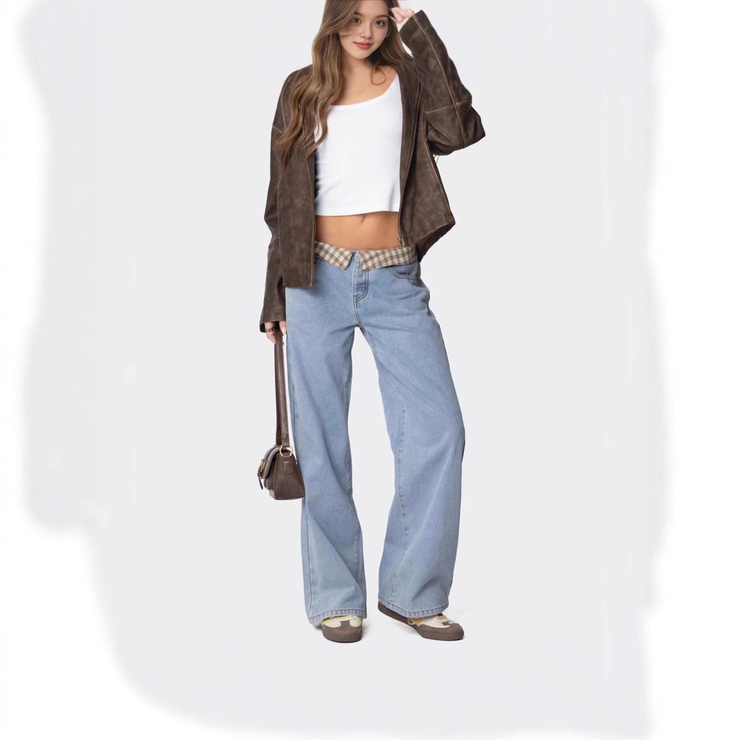 Damen Weite Jeans mit kariertem Bund Drune