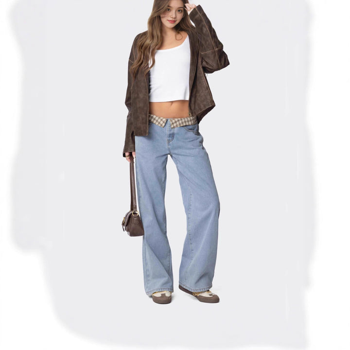 Damen Weite Jeans mit kariertem Bund Drune
