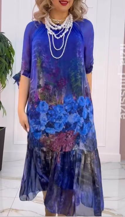 Damen Elegantes Chiffon Maxikleid mit floralen Akzenten, gestuftem Rock und 3/4-Ärmeln Drune