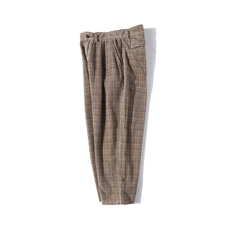 Herren Weite Cordhose mit Falten, Cropped‑Schnitt und Karomuster Drune