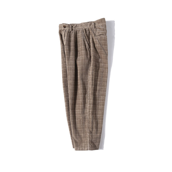 Herren Weite Cordhose mit Falten, Cropped‑Schnitt und Karomuster Drune