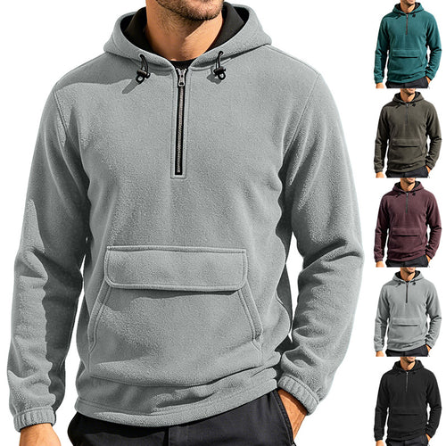 Herren Fleece-Hoodie mit halbem Reißverschluss, Kängurutasche und verstellbarer Kapuze Drune