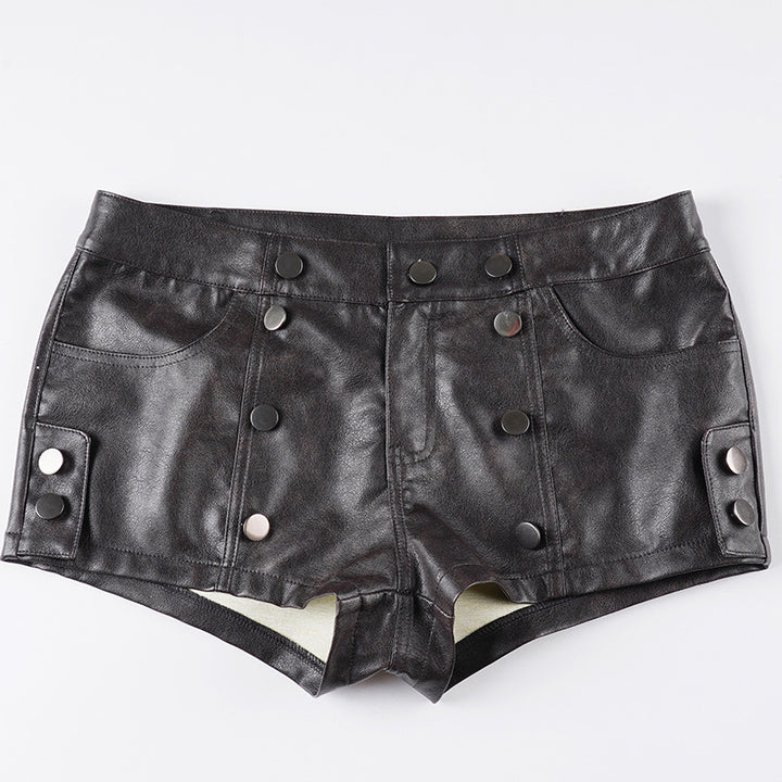 Damen Kunstleder-Shorts mit dekorativen Knopfdetails Drune