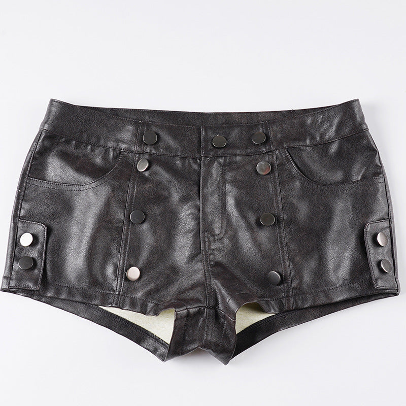 Damen Kunstleder-Shorts mit dekorativen Knopfdetails Drune
