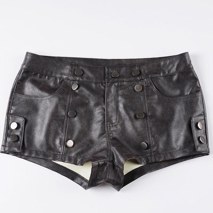 Damen Kunstleder-Shorts mit dekorativen Knopfdetails Drune