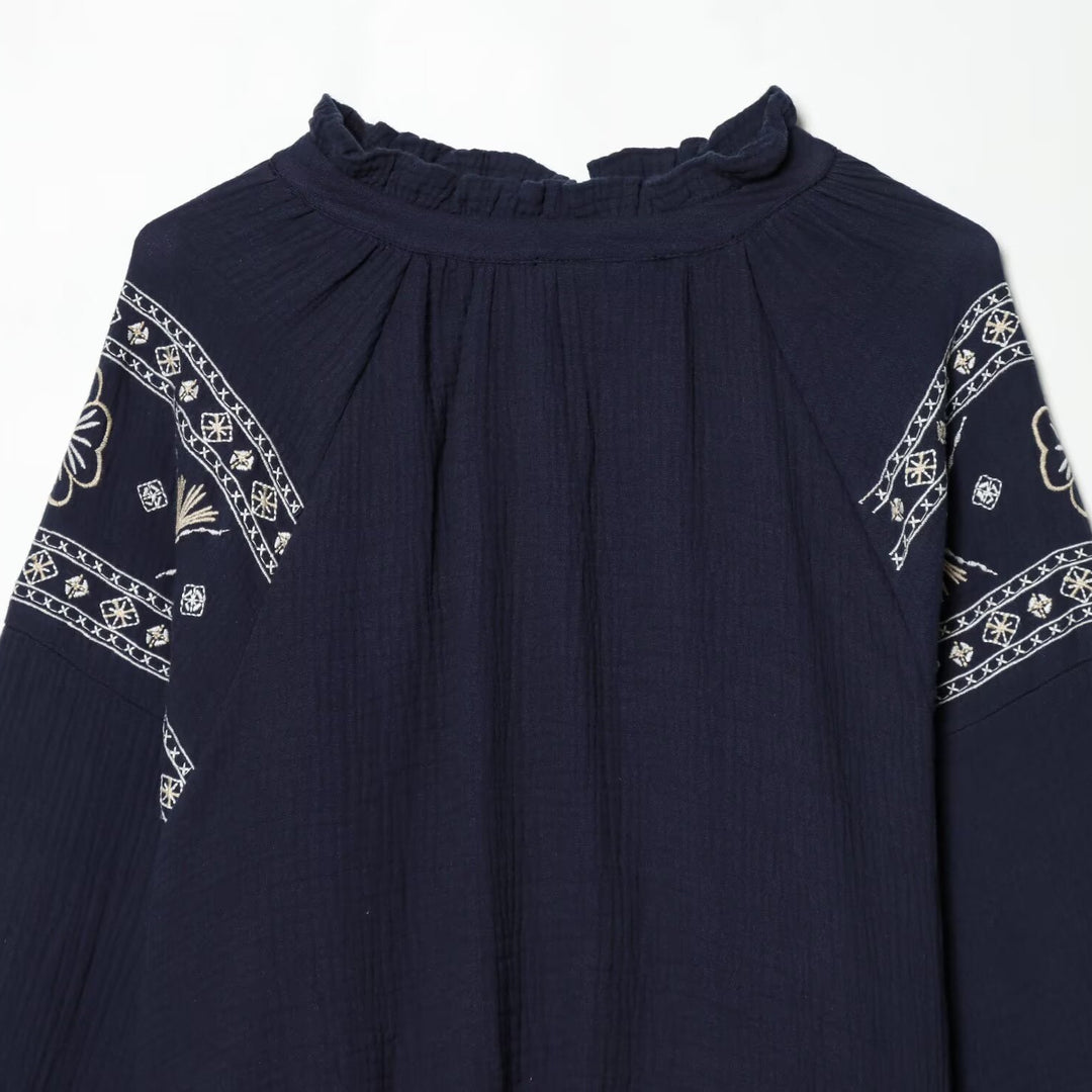 Damen nan bestickte Boho-Bluse mit gerafftem Stehkragen, Ballonärmeln und kurzem Saum Drune
