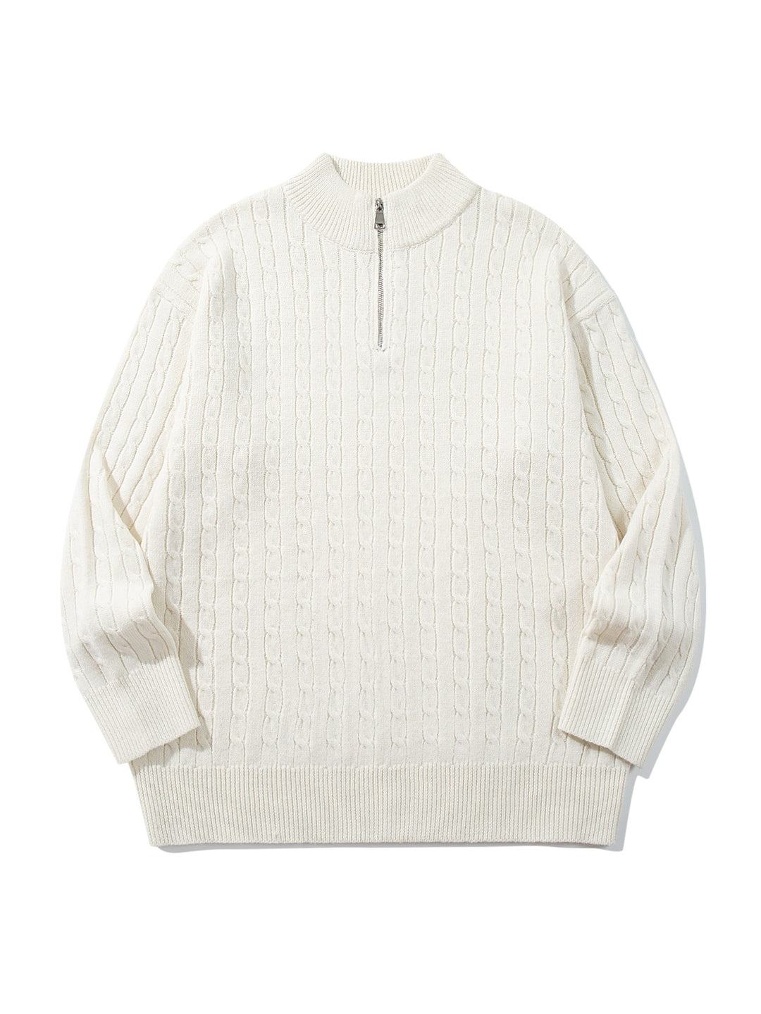 Unisex Zopfmuster-Halbzip-Strickpullover mit hohem Rippkragen und längerem Saum Drune