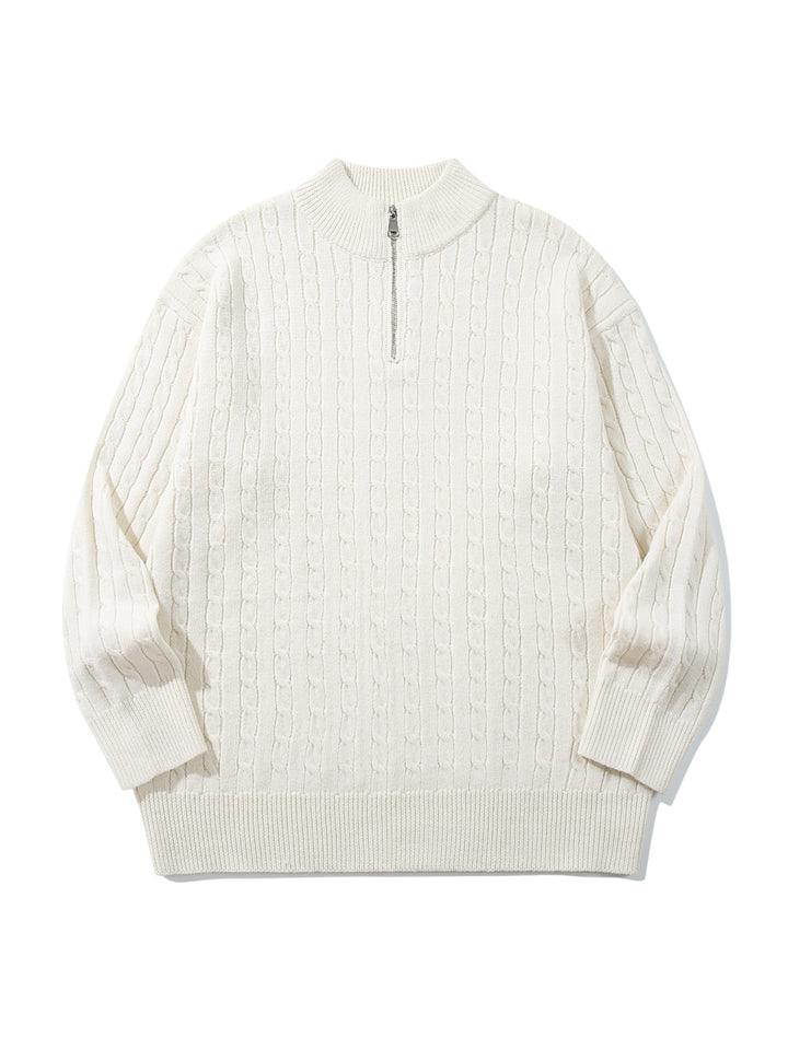 Unisex Zopfmuster-Halbzip-Strickpullover mit hohem Rippkragen und längerem Saum Drune
