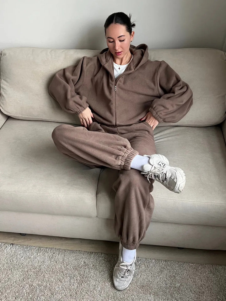 Damen Fleece-Anzug mit praktischen Taschen und Kapuze Drune