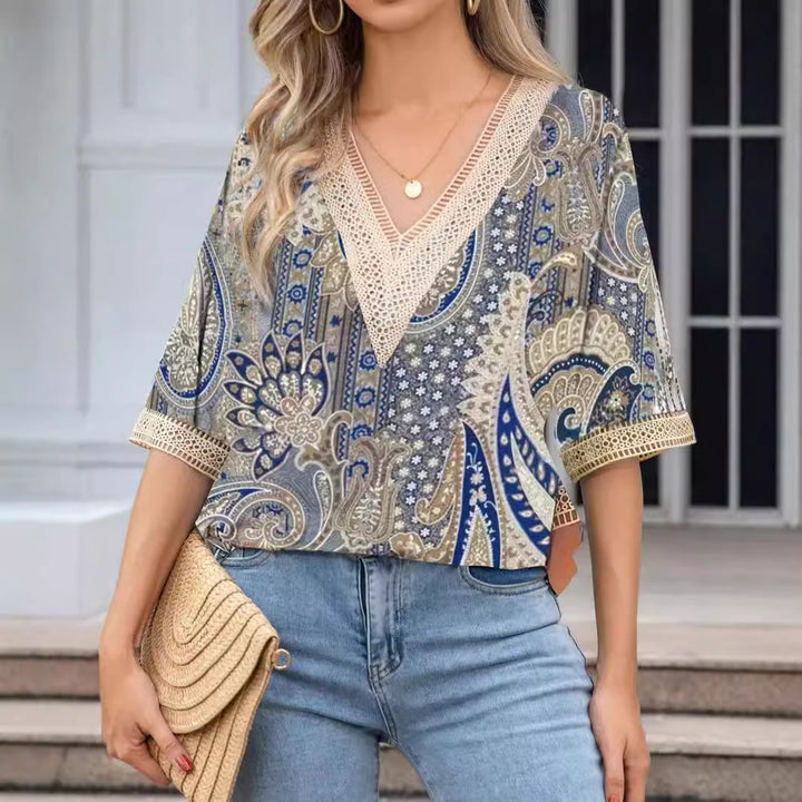 Damen Trendiges Boho-Shirt mit dekorativem Häkelkragen Drune