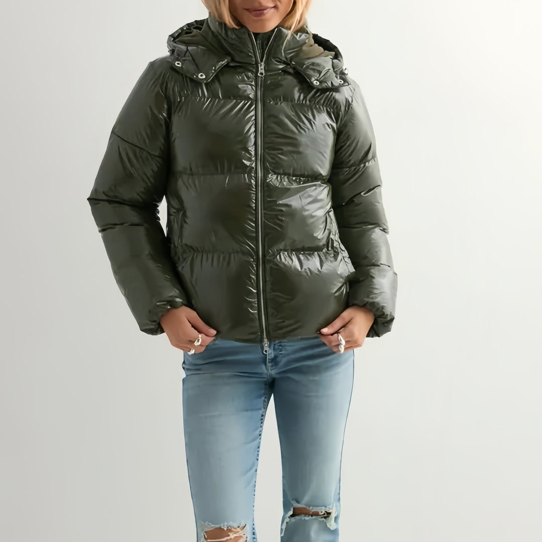 Damen Modische Hochglanz-Steppjacke mit Kapuze
