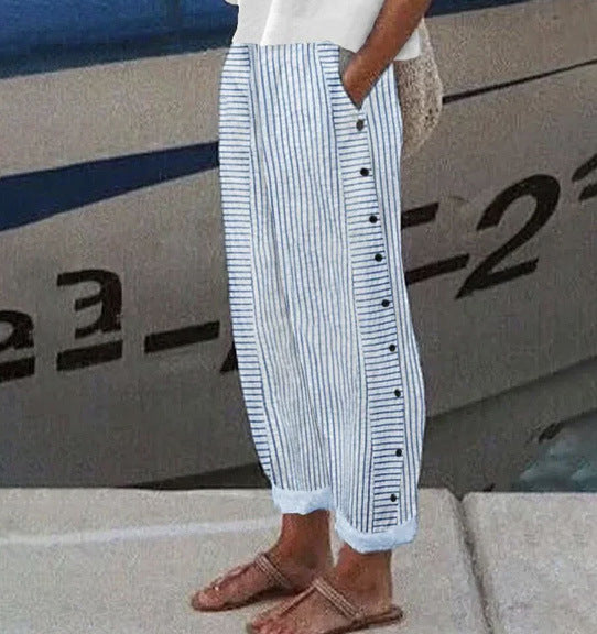 Damen Leichte Gestreifte Hose mit Seitlichen Knopfverschluss und Elastischem Bund Drune