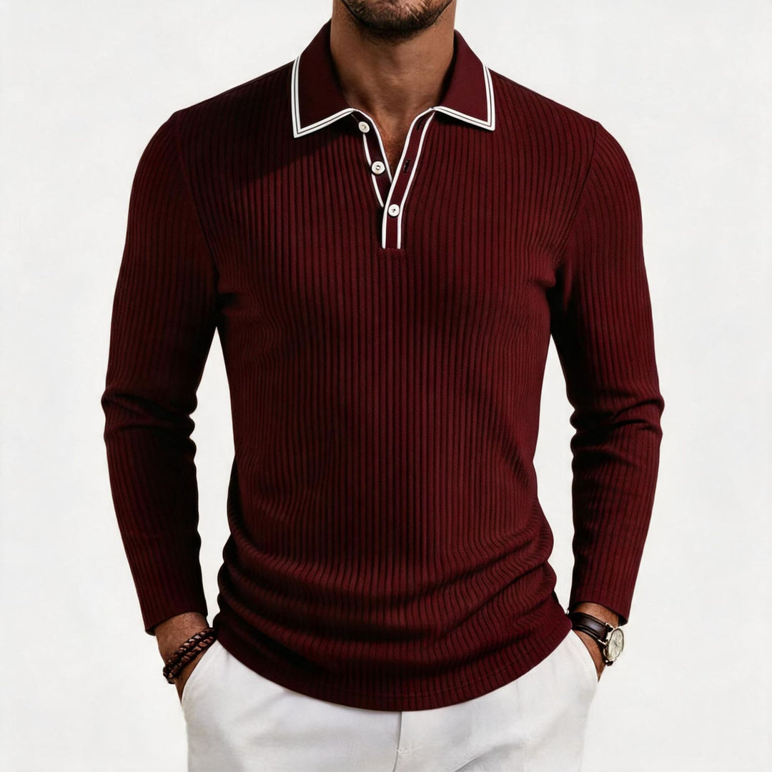 Herren fein geripptes Langarm-Poloshirt aus elastischer Merino-Mixqualität mit Kontrastkanten Drune