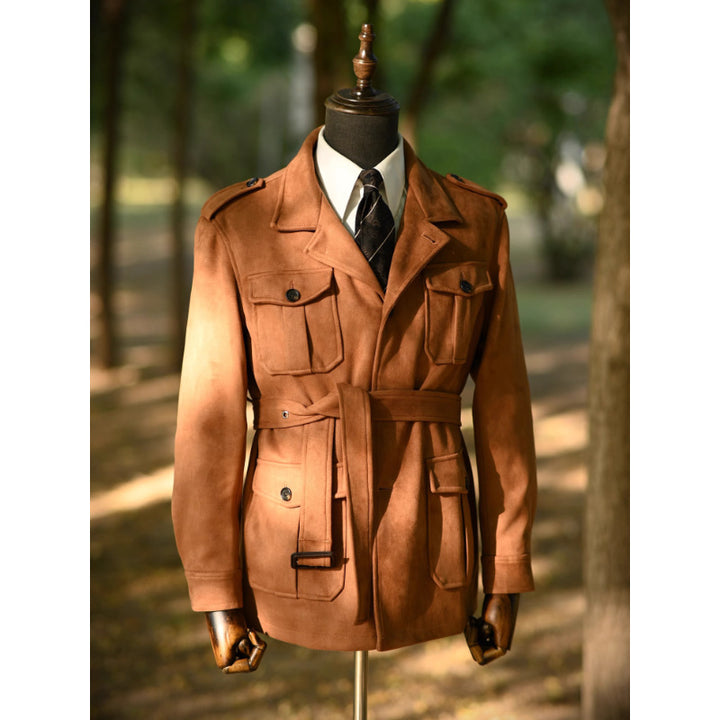 Herren Veloursleder-Safari-Jacke mit Taillengürtel und Pattentaschen Drune