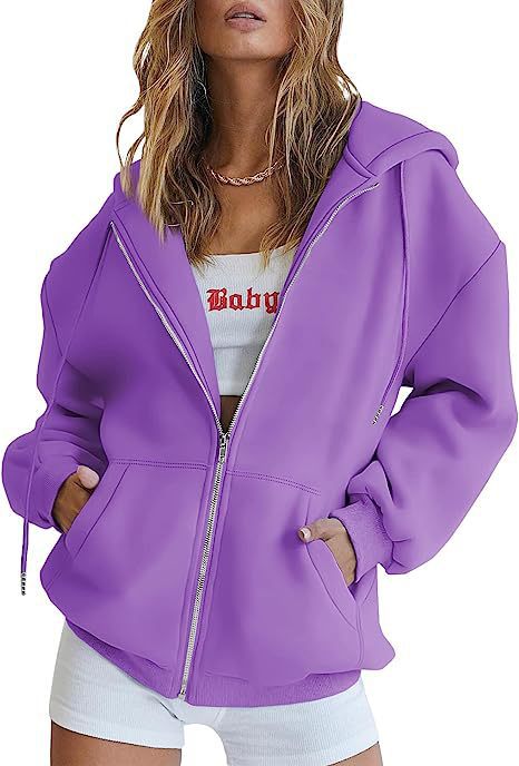 Damen nan oversized Kapuzenjacke mit durchgehendem Reißverschluss Kängurutaschen und weichem Sweatmaterial Drune