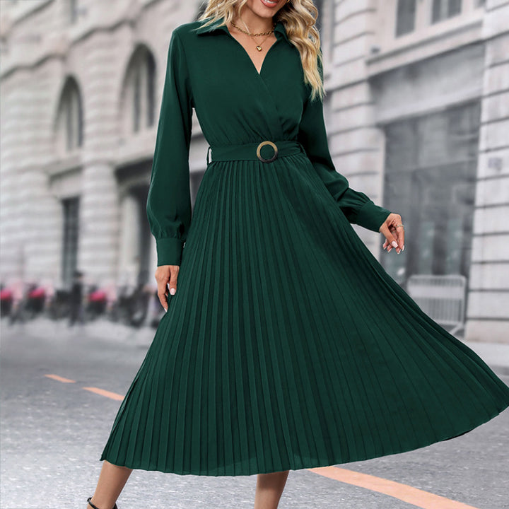 Damen Plissiertes Wickel-Midikleid mit Hemdkragen, Taillengürtel und langen Manschettenärmeln Drune