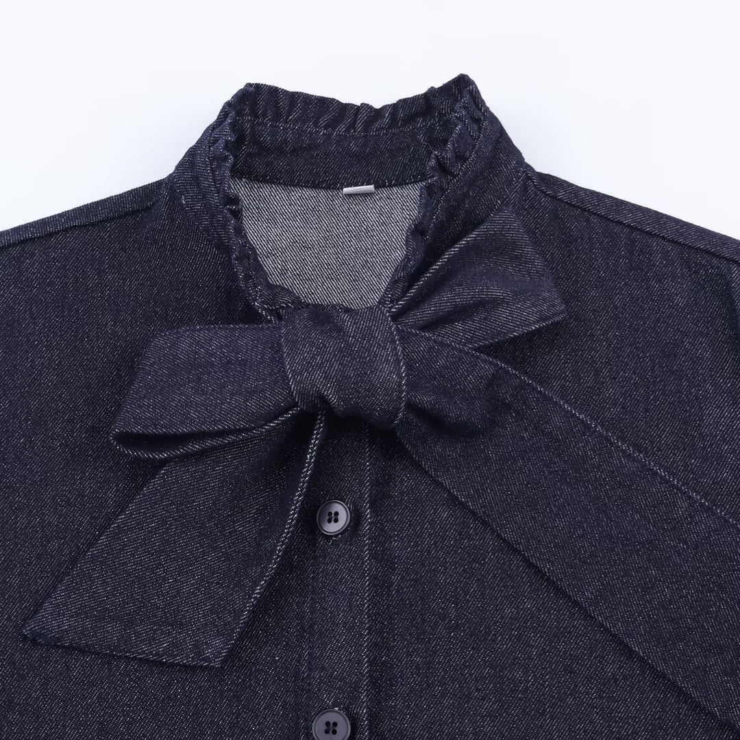Damen Schimmernde Bluse mit Schleifenkragen und Knopfleiste Drune