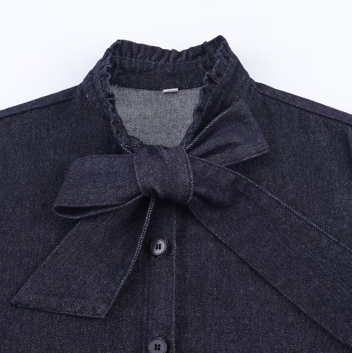 Damen Schimmernde Bluse mit Schleifenkragen und Knopfleiste Drune