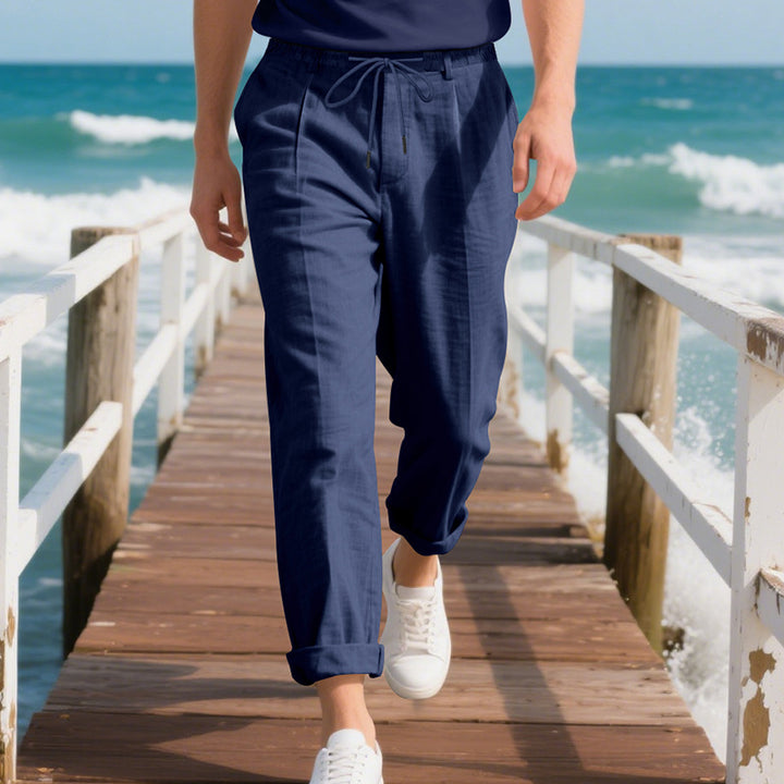Herren nan strandtaugliche Leinenmisch-Loungehose mit elastischem Tunnelzug, dezenter Bundfalte und umgeschlagenem Knöchelabschluss Drune
