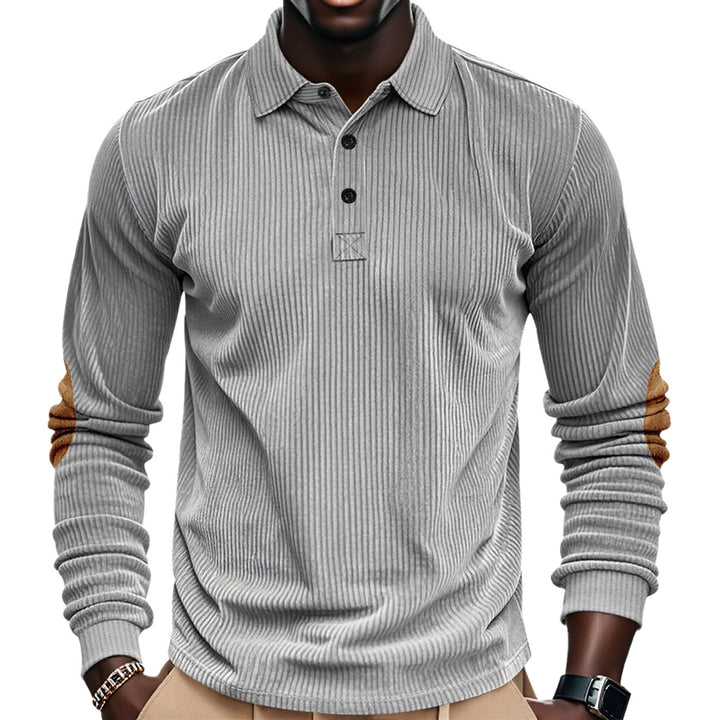 Herren nan geripptes Langarm-Poloshirt mit Henley-Knopfleiste und veloursähnlichen Ellbogenpatches Drune