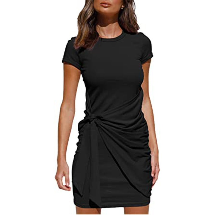 Damen Kurzarm Wickelkleid mit Raffung und Knoten Detail Drune