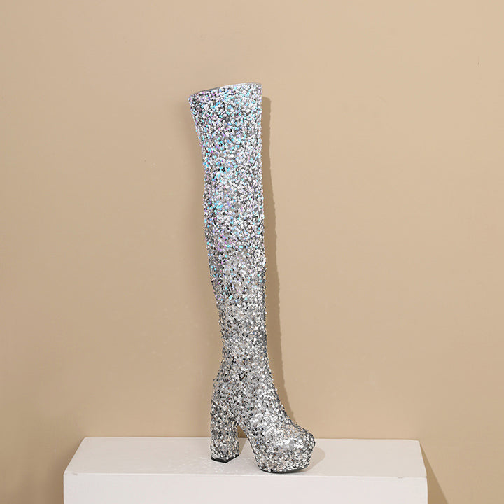 Damen Hochglanz Glitzer Oberschenkelhohe Plateau Stiefel Drune