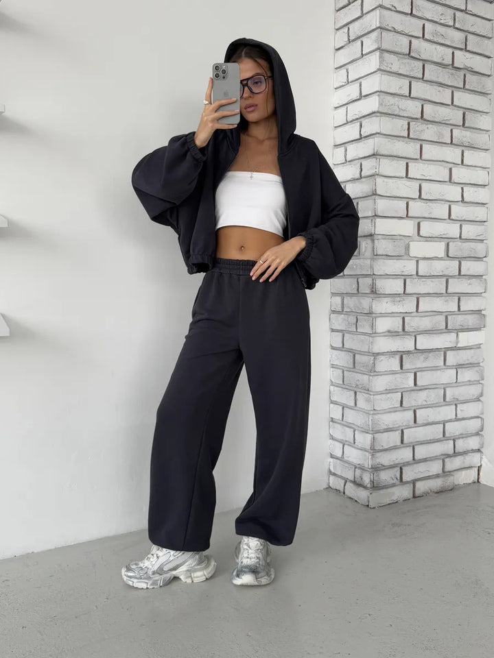 Damen Lounge-Set Cropped-Zip-Hoodie mit Oversize-Ärmeln und High-Waist Palazzo-Jogger Drune