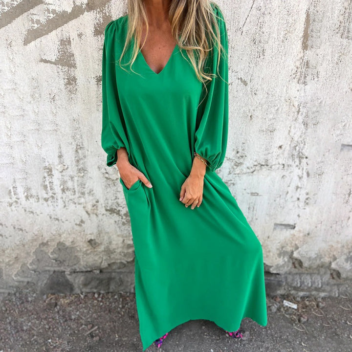Damen Maxikleid mit tiefem V-Ausschnitt und praktischen Seitentaschen Drune