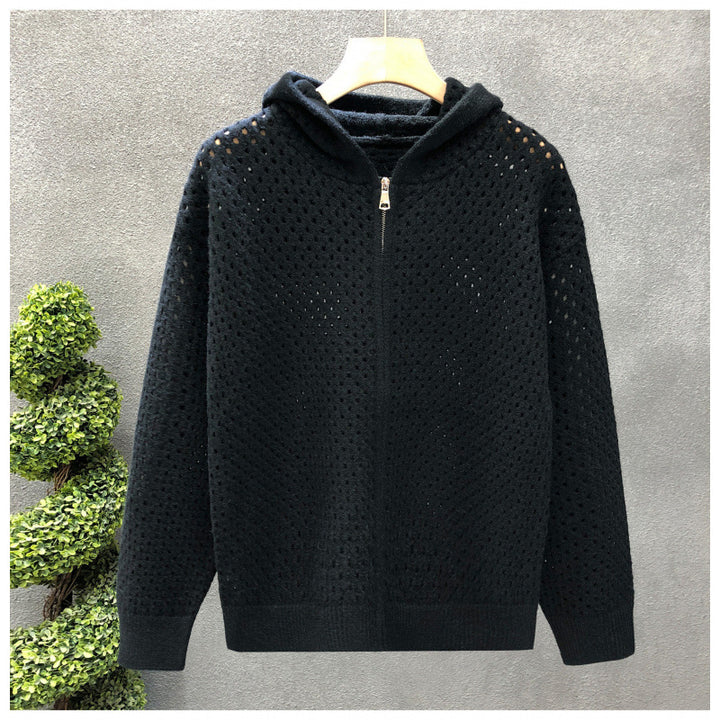 Unisex Leichte Lochstrick-Kapuzenzipjacke mit Ajourmuster Drune