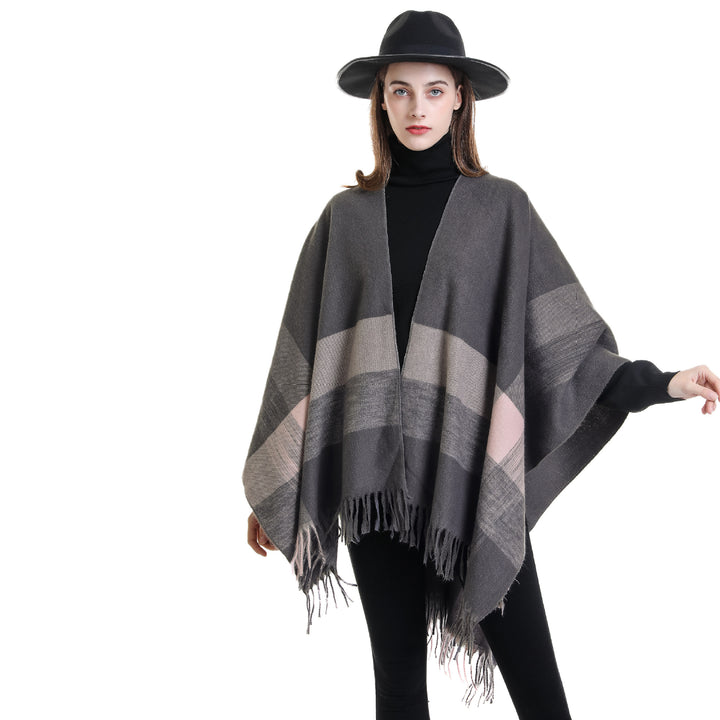 Damen Weichfallender Wollmix-Poncho mit Fransen Drune