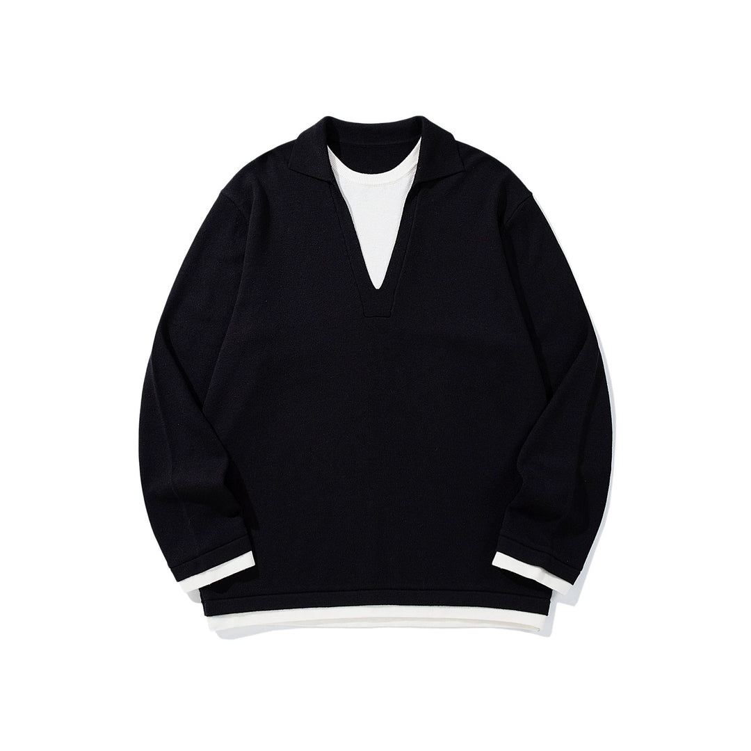 Unisex Lässiger Oversize Strickpullover mit tiefem V Einsatz und Hemd‑Layer Optik Drune
