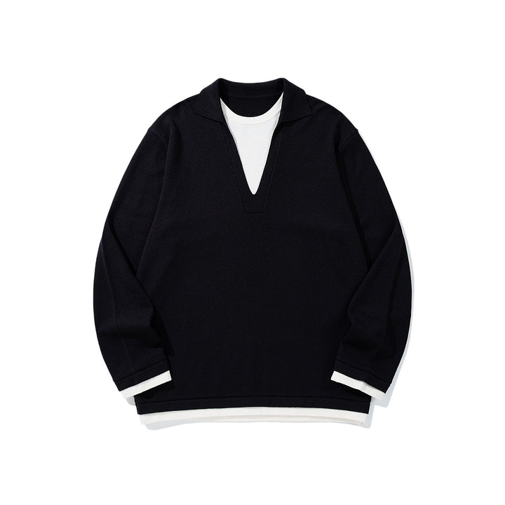 Unisex Lässiger Oversize Strickpullover mit tiefem V Einsatz und Hemd‑Layer Optik Drune