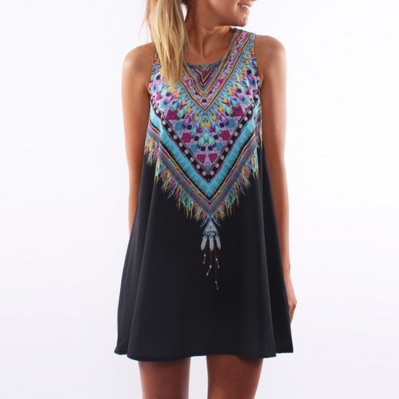 Damen Sommerkleid mit buntem geometrischem Rückendesign und lockerer Silhouette Drune