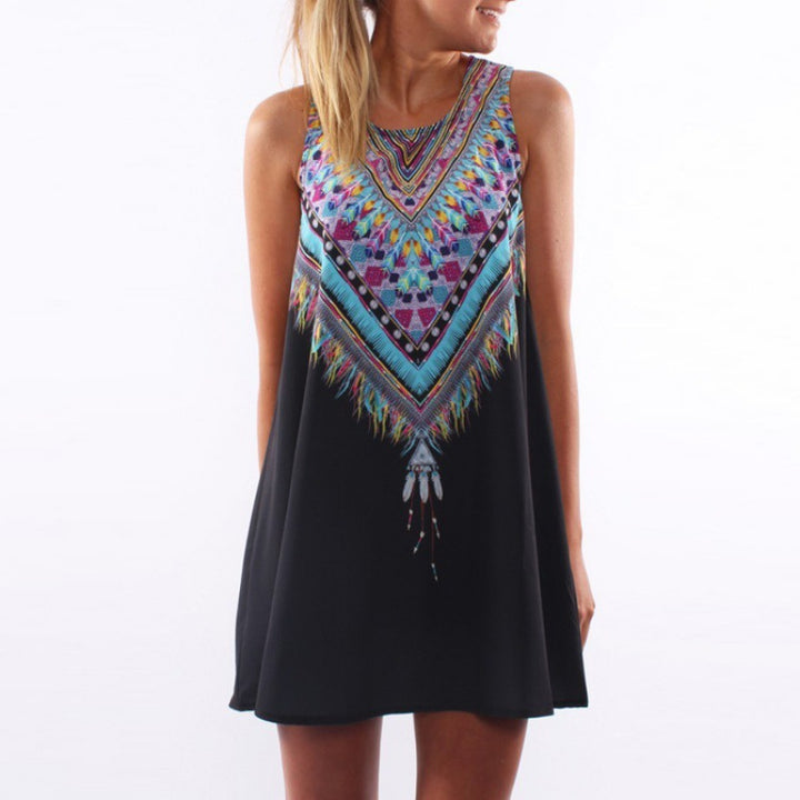 Damen Sommerkleid mit buntem geometrischem Rückendesign und lockerer Silhouette Drune