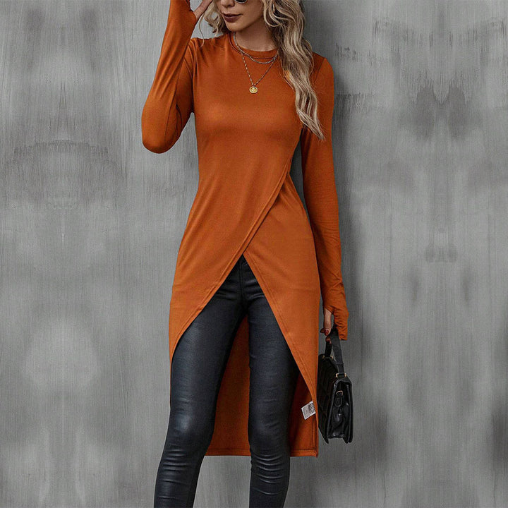 Damen asymmetrisches Longshirt mit überlappendem Frontschlitz und taillierter Silhouette Drune