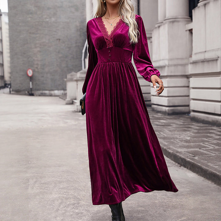 Damen Samt-Maxikleid mit V-Ausschnitt und Empire-Taille Drune